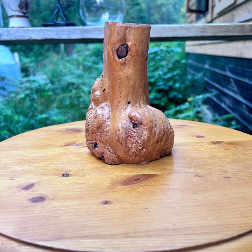 Vintage Burl Wood Vase Handcrafted British Columbia Live Edge Tree Knot Brown